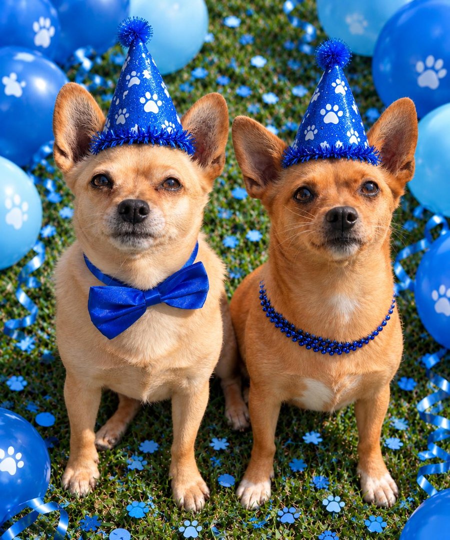 Diego and Nutmeg in blue party hats surrounded by blue balloons